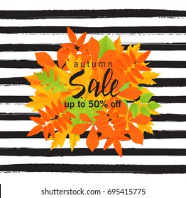 Autumn sale poster with fall leaves on striped background. Vector illustration for website and mobile website banners, posters, email and newsletter designs, ads, coupons, promotional material