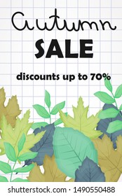 The Autumn Sale Poster with fallen leaves and notebook in a cage background.