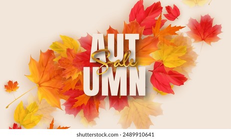 Autumn Sale Poster with Falling Leaves. Vector Illustration