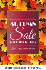 Autumn sale poster, flyer, card template. Bright fall maple leaves. Vector illustration.