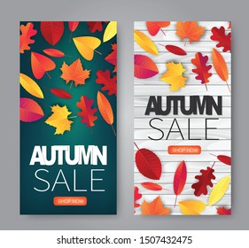 Autumn sale poster or flyer design concept. Red and orange falling leaves over wooden plank board. Vector illustration.