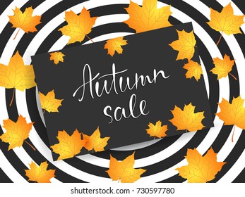 Autumn sale poster with hand drawn letters and maple leaves. Vector