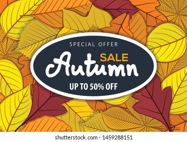 Autumn Sale poster, label or banner template with autumn leaves. Vector illustration