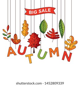 Autumn sale poster with leaves falling. Big sale. Limited time only. Vector illustration.