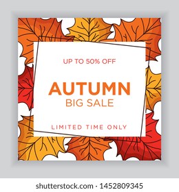 Autumn sale poster with leaves falling. Big sale. Limited time only. Vector illustration