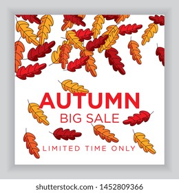 Autumn sale poster with leaves falling. Big sale. Limited time only. Vector illustration.