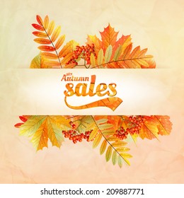 Autumn sale poster with leaves on a old paper. EPS10