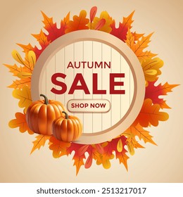 Autumn sale poster with leaves and pumpkins