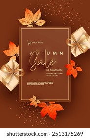 Autumn Sale poster with maple leaves and and gifts. Abstract fall banner