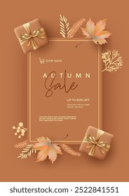 Autumn Sale poster with maple leaves and and gifts. Abstract fall banner