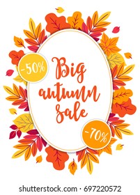 Autumn sale poster with oak, maple leaves and oval label on white background. Big discount