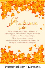 Autumn sale poster with orange maple leaves on top and bottom on pale yellow background. Vector illustration