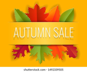 Autumn sale poster with paper cut out leaves. Colorful paper art vector sale banner.