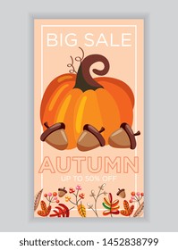 Autumn sale poster with pumpkin and acorns. Up to 50% off. Big sale. Vector illustration.