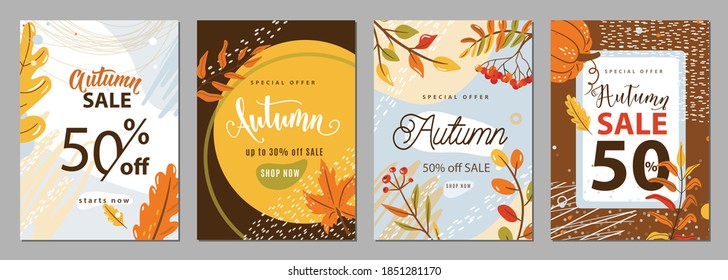 Autumn sale poster set background. Autumn-time gift discount offer banners in whimsical memphis modern flat style. Fall ad flyer with oak maple leaves, plants, rowan, pumpkin, texture graphic elements