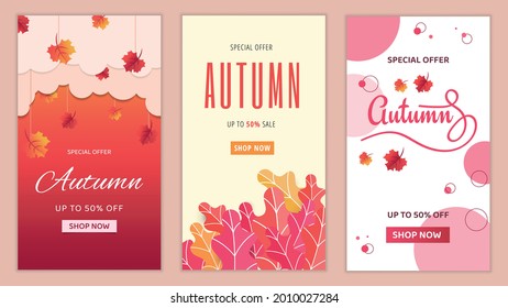 Autumn Sale Poster Set for Social Media and Stories Format. Shop Now Button. Special Offer Banner Set.