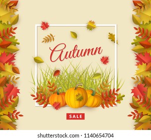 Autumn sale poster template with fall leaves, pumpkins square border frame background with space text. Seasonal advertising poster template with floral maple oak tree orange leaves thanksgiving vector