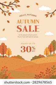 Autumn sale poster template vector illustration. Warm fall landscape with autumn trees, leaves, and hills on beige background for shopping promotion, discount banner, and seasonal card design.