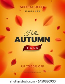 Autumn Sale Poster Vertical Background With Red Leaves, Fall Nature Vector Promo Design Elements. Web Banner Layout Template