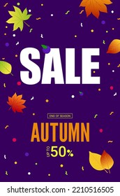 Autumn sale poster. Vertical banner with bright fall leaves and confetti on blue background. layout Design template. Vector with Copy space. Up to 50 off.