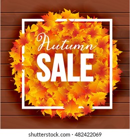 Autumn Sale poster with yellow leaves. Fall sale discount poster template on wood.