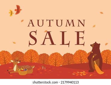 Autumn sale poster.Background with autumn leaves and animals. 