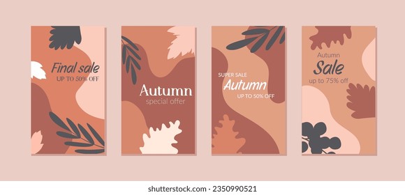 Autumn Sale Posters Set. Abstract shapes and lettering in warm brown shades