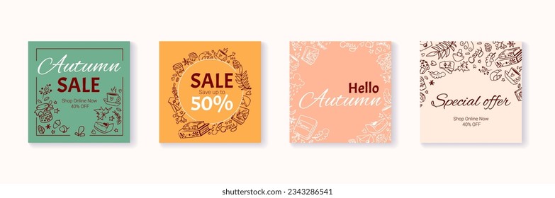 Autumn sale posters set with fall leaves, nature, floral backgrounds with foliage frame. Promotion banner, social media post, discount card or flyer design template. Vector illustration.