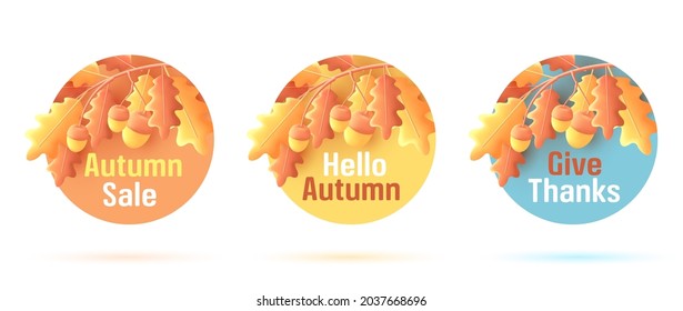 Autumn sale, price tag label with 3d render illustration of oak tree branch with yellow leaves and acorns with promo sale text, isolated round stickers