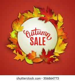 Autumn sale, price tag label, advertising vector illustration with colorful autumn leaves