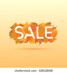 Autumn sale, price tag label, advertising vector illustration with colorful autumn leaves