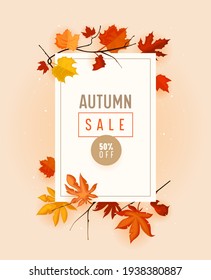 Autumn Sale Promo Banner with Fall Foliage on Pink Background. Seasonal Shop Discount Offer with Red and Orange Leaves of Maple, Sale, Price Off Poster or Voucher Design. Cartoon Vector Illustration - Shutterstock ID 1938380887