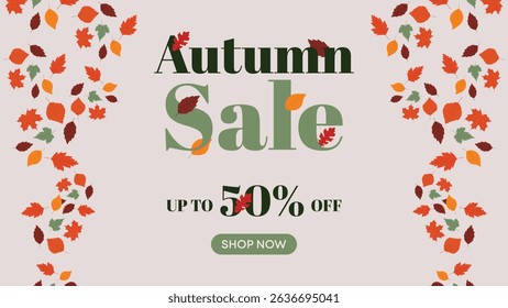 Autumn Sale Promo Banner with Green Text and Falling Leaves Pattern