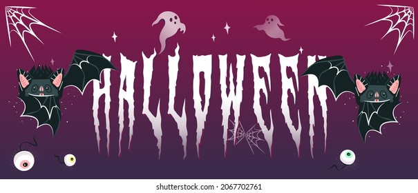Autumn Sale, Promotion. Background with scary ghosts, eyes, bats, skulls and snake in cartoon style. Vector illustration. Place for text, layout for postcard, banner