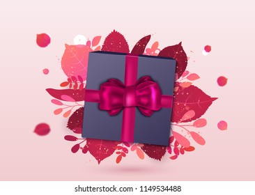 Autumn sale promotion design template with gift box, bow and leaves under it on pink background. Bright fall vector illustration for poster, card, label, banner.