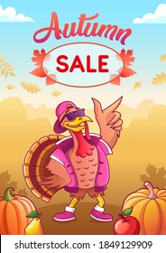 Autumn sale. Promotion vector poster. Cool dancing turkey in glasses and cap. Autumn background with pumpkins, apples, pears and falling leaves. Comic cartoon banner for sale with dancing gobbler.