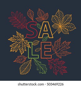 Autumn sale. Promotional poster with autumn leaves. Fall of the leaves. Sketch, doodles, design elements. Vector illustration.
