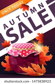Autumn sale, purple vertical discount banner with jar of jam and maple leaves