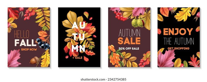 Autumn sale realistic promo posters set decorated with fall leaves acorns and chestnuts isolated vector illustration