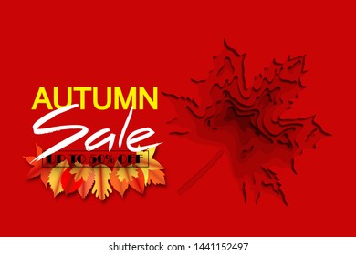 Autumn sale and red gradient maple leaf background layered effect in paper cut style. Autumn red lettering and yellow orange red leaves with shadow. 
