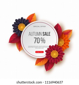 Autumn sale round banner with 3d leaves, flowers and dotted pattern. White background - template for seasonal discounts. Vector illustration.