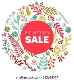 Autumn sale round floral pattern with leaves and branches. Vector illustration
