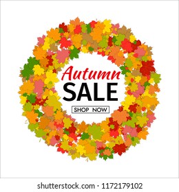 Autumn sale. Round frame of maple leaves with text isolated on white background. Sale or promo poster. Colorful maple leaves. Vector illustration .