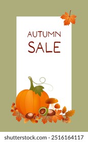 Autumn sale. Sales poster with a pumpkin, leaves and berries on a green frame.