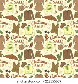 Autumn sale seamless pattern with season women clothes. Vector retro background in doodle style