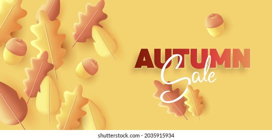 Autumn sale season poster with fall leaves 3d illustration composition and acorns with typography sign, warm colors