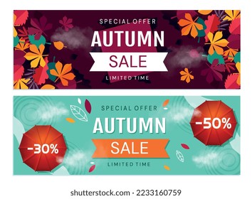 Autumn sale set. Collection of advertising posters and banners for website. Special offer for regulal clients, promotions and discounts. Cartoon flat vector illustrations isolated on white background