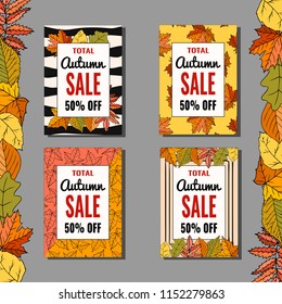Autumn sale, set of flyer templates for web and print,  Autumn promotions. Posters,  labels, cards, banners, etc. Vector illustration.