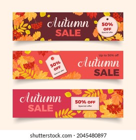 Autumn sale. Set of vector banners with fallen leaves. Cartoon flat illustration. Seasonal shop discount.