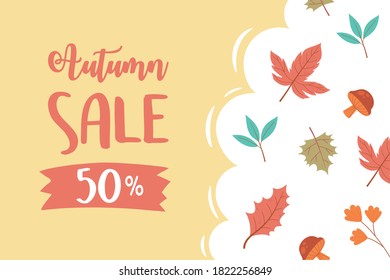 autumn sale, shopping sale or promo poster lettering and acorns maple leaves vector illustration
